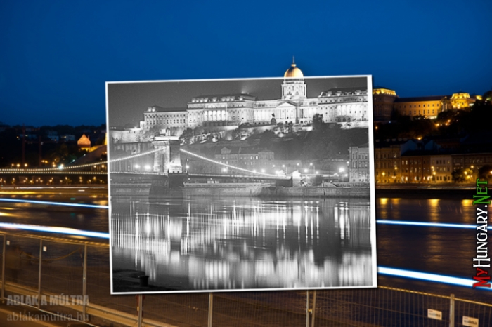 Budapest, esti díszkivilágításban a Lánchíd és a Királyi Palota a pesti alsó rakpartról